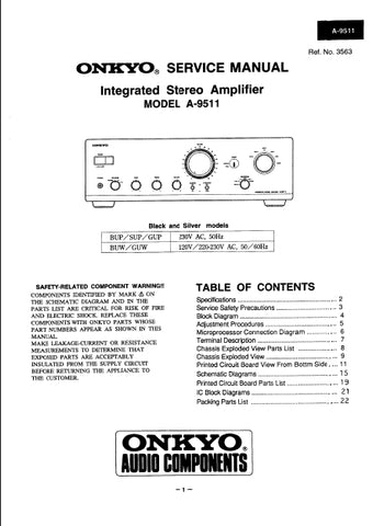 ONKYO A-9511 INTEGRATED STEREO AMPLIFIER SERVICE MANUAL INC SCHEM DIAGS 16 PAGES ENG
