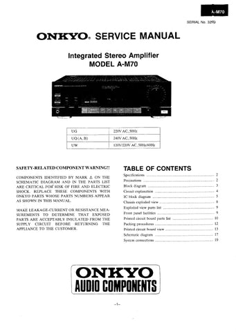 ONKYO A-M70 INTEGRATED STEREO AMPLIFIER SERVICE MANUAL INC SCHEM DIAGS 16 PAGES ENG