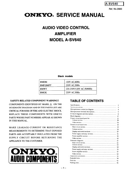 ONKYO A-SV640 AV CONTROL AMPLIFIER SERVICE MANUAL INC SCHEM DIAGS  29 PAGES ENG