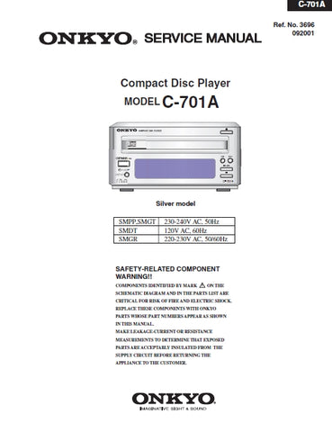 ONKYO C-701A CD PLAYER SERVICE MANUAL INC SCHEM DIAGS 21 PAGES ENG
