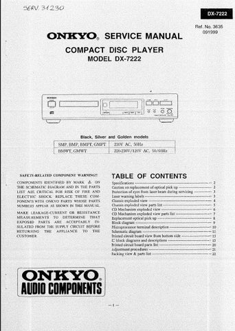 ONKYO DX-7222 CD PLAYER SERVICE MANUAL INC SCHEM DIAGS 15 PAGES ENG