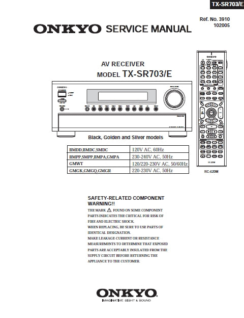 ONKYO TX-SR703 TX-SR703E AV RECEIVER SERVICE MANUAL INC SCHEM DIAGS 133 PAGES ENG