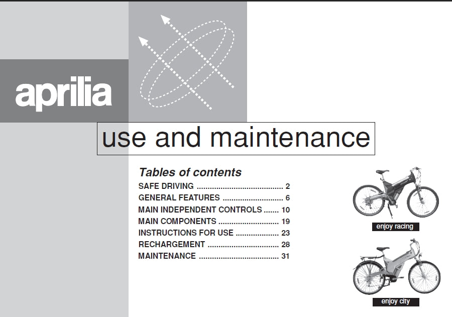 PIAGGIO APRILIA ENJOY RACING ENJOY CITY ELECTRIC BICYCLE 2000 USE AND MAINTENANCE 40 PAGES ENGLISH