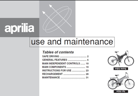 PIAGGIO APRILIA ENJOY RACING ENJOY CITY ELECTRIC BICYCLE 2000 USE AND MAINTENANCE 40 PAGES ENGLISH