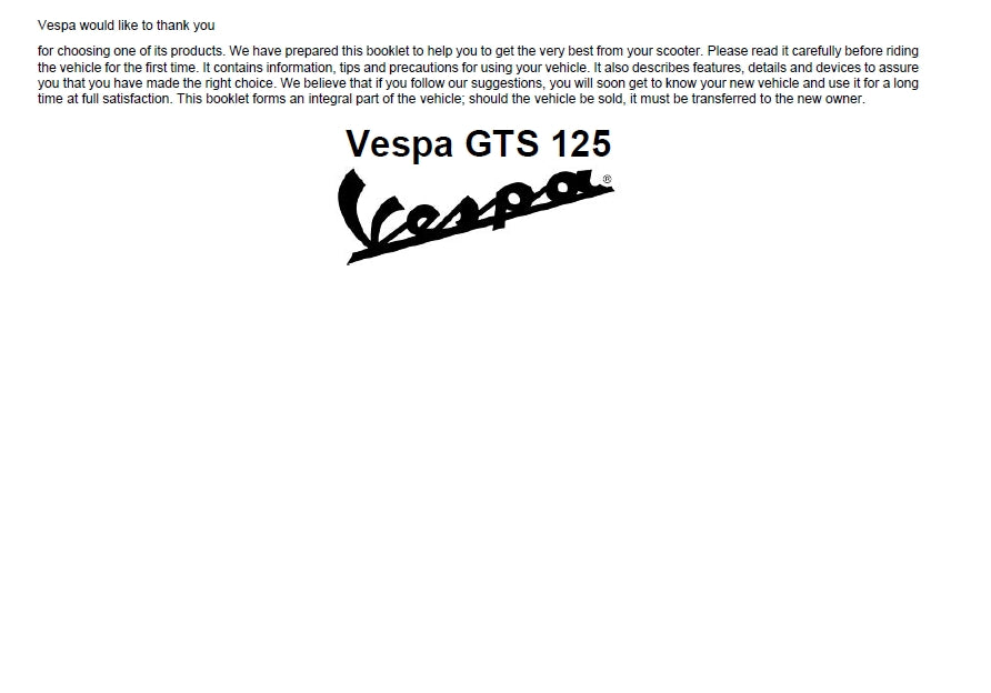 PIAGGIO VESPA GTS125 SCOOTER 2008 OPERATION AND MAINTENANCE MANUAL 90 PAGES ENGLISH