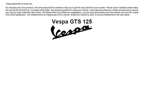 PIAGGIO VESPA GTS125 SCOOTER 2008 OPERATION AND MAINTENANCE MANUAL 90 PAGES ENGLISH