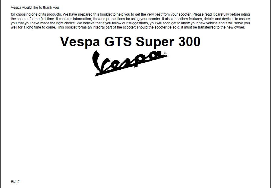 PIAGGIO VESPA GTS SUPER 300 SCOOTER 2007 OPERATION AND MAINTENANCE 82 PAGES ENGLISH