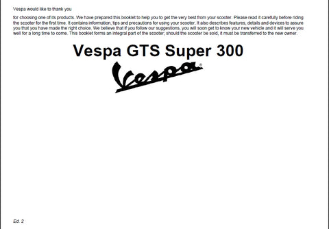 PIAGGIO VESPA GTS SUPER 300 SCOOTER 2007 OPERATION AND MAINTENANCE 82 PAGES ENGLISH
