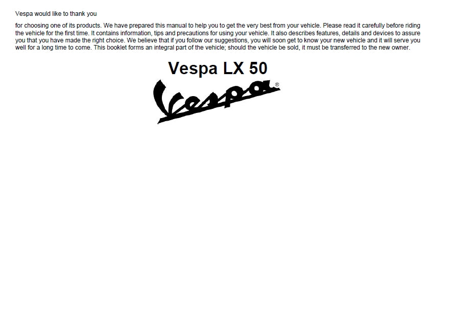 PIAGGIO VESPA LX50 SCOOTER 2008 OPERATION AND MAINTENANCE 68 PAGES ENGLISH