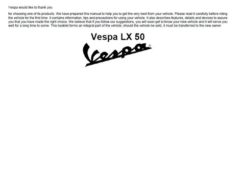 PIAGGIO VESPA LX50 SCOOTER 2008 OPERATION AND MAINTENANCE 68 PAGES ENGLISH
