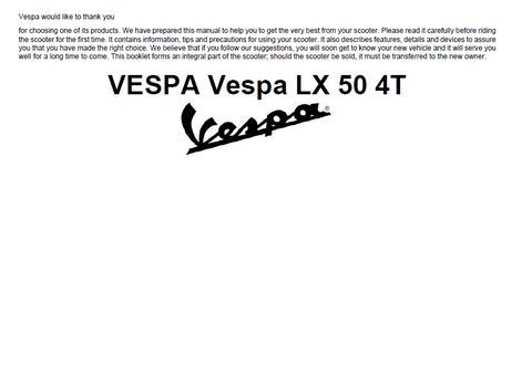 PIAGGIO VESPA LX50 4T SCOOTER 2007 OPERATION AND MAINTENANCE 66 PAGES ENGLISH