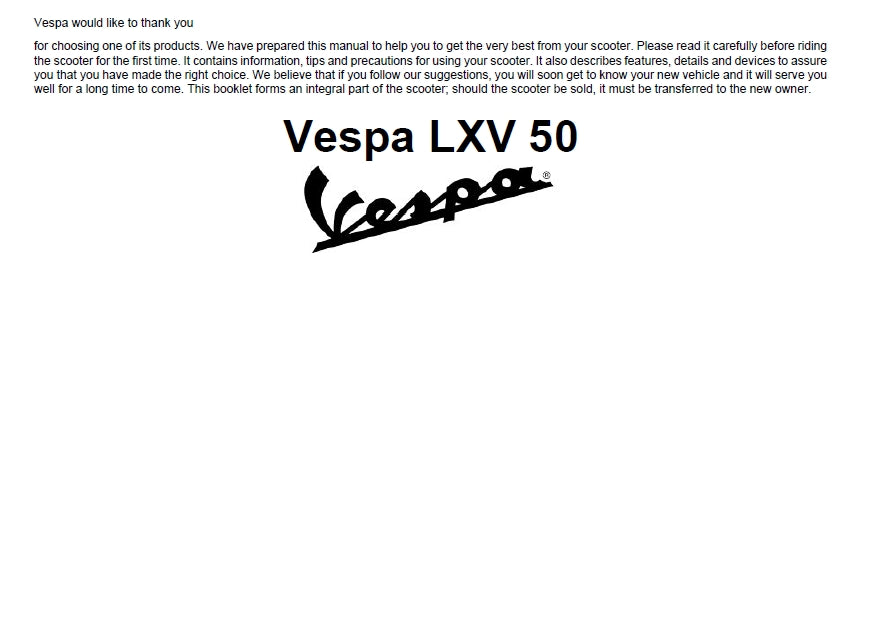 PIAGGIO VESPA LXV50 SCOOTER OPERATION AND MAINTENANCE 66 PAGES ENGLISH
