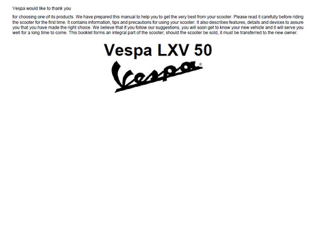 PIAGGIO VESPA LXV50 SCOOTER OPERATION AND MAINTENANCE 66 PAGES ENGLISH