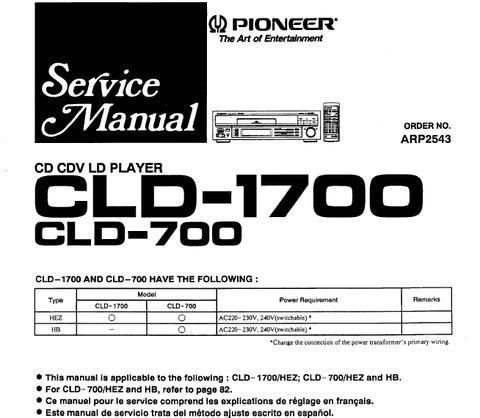 PIONEER CLD-1700 CLD-700 CD CDV LD PLAYER SERVICE MANUAL INC PCBS SCHEM DIAGS AND PARTS LIST 67 PAGES ENG