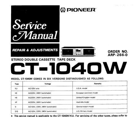 PIONEER CT-1040W STEREO DOUBLE CASSETTE TAPE DECK SERVICE MANUAL INC PCBS SCHEM DIAG AND PARTS LIST 42 PAGES ENG