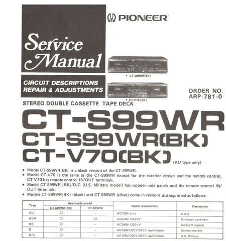 PIONEER CT-S99WR CT-S99WR(BK) CT-V70 STEREO DOUBLE CASSETTE TAPE DECK SERVICE MANUAL INC BLK DIAG PCBS SCHEM DIAGS AND PARTS LIST 113 PAGES ENG