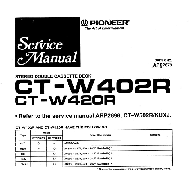PIONEER CT-W402R CT-W420R STEREO DOUBLE CASSETTE DECK SERVICE MANUAL INC PCBS SCHEM DIAGS AND PARTS LIST 17 PAGES ENG