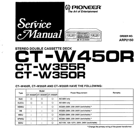PIONEER CT-W450R CT-W355R CT-W350R STEREO DOUBLE CASSETTE DECK SERVICE MANUAL INC PCBS SCHEM DIAGS AND PARTS LIST 28 PAGES ENG