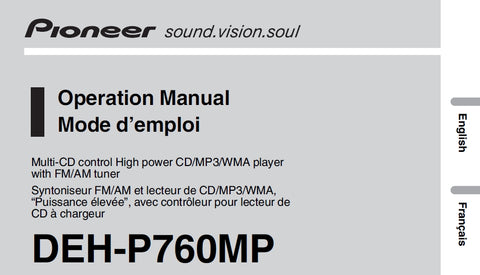 PIONEER DEH-P760MP MULTI CD CONTROL HIGH POWER CD MP3 WMA PLAYER OPERATION MANUAL MODE D'EMPLOI 122 PAGES ENG FR