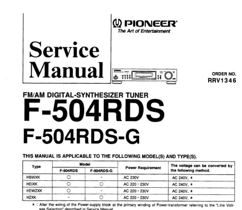 PIONEER F-504RDS F-505RDS-G FM AM DIGITAL SYNTHESIZER TUNER SERVICE MANUAL INC BLK DIAG PCBS SCHEM DIAGS AND PARTS LIST 22 PAGES ENG