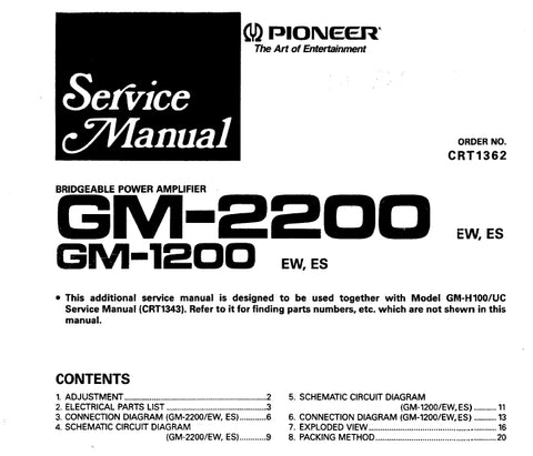 PIONEER GM-2200 GM-1200 BRIDGEABLE POWER AMPLIFIER SERVICE MANUAL INC CONN DIAGS SCHEM DIAGS AND PARTS LIST 21 PAGES ENG
