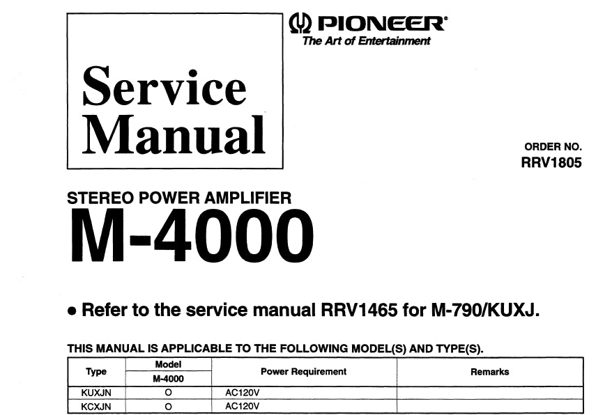 PIONEER M-4000 M-790 STEREO POWER AMPLIFIER SERVICE MANUAL INC BLK DIAG WIRING DIAGS PCBS SCHEM DIAGS AND PARTS LIST 27 PAGES ENG