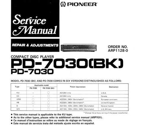 PIONEER PD-7030(BK) PD-7030 CD PLAYER SERVICE MANUAL INC PCBS SCHEM DIAGS AND PARTS LIST 71 PAGES ENG