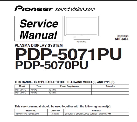 PIONEER PDP-5071PU PDP-5070PU PLASMA DISPLAY SYSTEM SERVICE MANUAL INC BLK DIAGS PCBS SCHEM DIAGS AND PARTS LIST 219 PAGES ENG