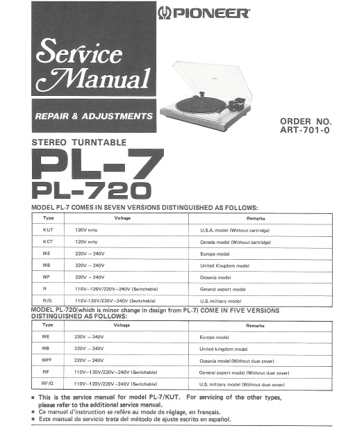PIONEER PL-7 PL-720 STEREO TURNTABLE SERVICE MANUAL INC BLK DIAG PCBS SCHEM DIAG TROUBLESHOOT GUIDE AND PARTS LIST 32 PAGES ENG FRANC