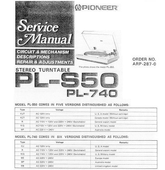PIONEER PL-S50 PL-740 STEREO TURNTABLE SERVICE MANUAL INC BLK DIAG PCBS SCHEM DIAG AND PARTS LIST 32 PAGES ENG