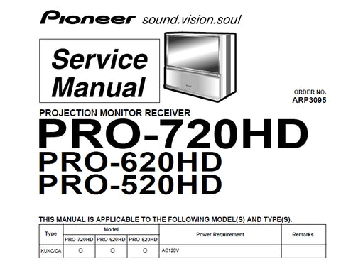 PIONEER PRO-720HD PRO-620HD PRO-520HD PROJECTION MONITOR RECEIVER SERVICE MANUAL INC BLK DIAG CONN DIAG PCBS SCHEM DIAGS AND PARTS LIST 183 PAGES ENG