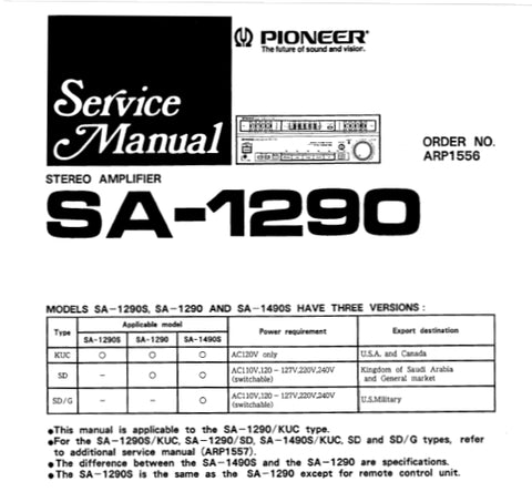 PIONEER SA-1290 STEREO AMPLIFIER SERVICE MANUAL INC PCBS SCHEM DIAG AND PARTS LIST 18 PAGES ENG