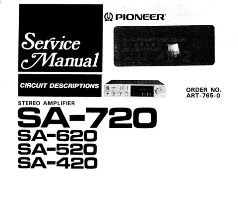 PIONEER SA-720 SA-620 SA-520 SA-420 STEREO AMPLIFIER SERVICE MANUAL INC BLK DIAG AND CIRC DESCR 6 PAGES ENG