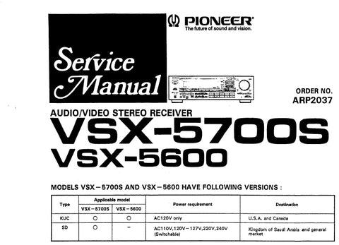 PIONEER VSX-5700S VSX-5600 VSX-5900S AV STEREO RECEIVER SERVICE MANUAL INC PCBS SCHEM DIAGS AND PARTS LIST 51 PAGES ENG