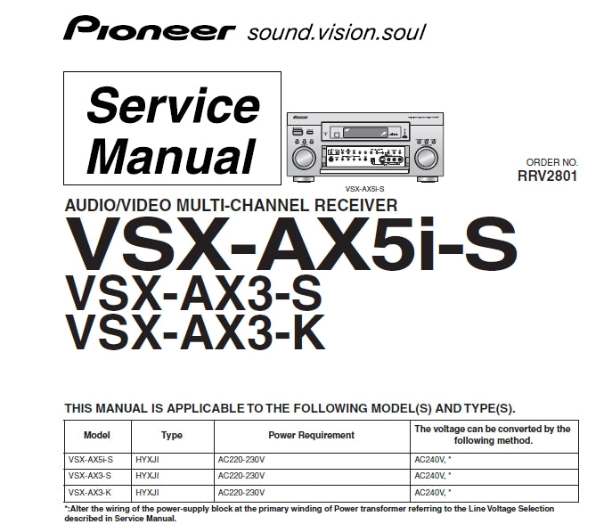 PIONEER VSX-AX5i-S VSX-AX3-S VSX-AX3-K AV MULTI CHANNEL RECEIVER SERVICE MANUAL INC BLK DIAGS WIRING DIAG CONN DIAG PCBS SCHEM DIAGS AND PARTS LIST 189 PAGES ENG