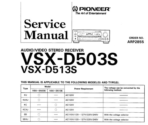 PIONEER VSX-D503S VSX-D513S AV STEREO RECEIVER SERVICE MANUAL INC PCBS SCHEM DIAG AND PARTS LIST 53 PAGES ENG