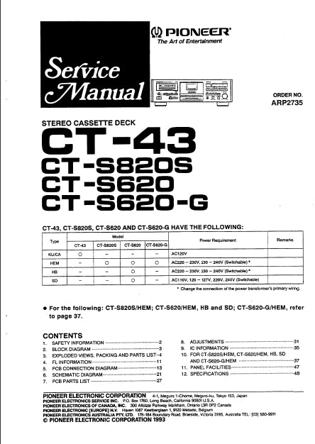 PIONEER CT-43 CT-S820S CT-S620 CT-S620-G STEREO CASSETTE DECK SERVICE MANUAL INC SCHEM DIAGS 32 PAGES ENG