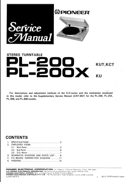 PIONEER PL-200 PL-200X STEREO TURNTABLE SERVICE MANUAL INC SCHEMATIC DIAGRAMS 10 PAGES ENG