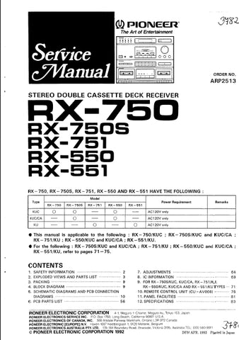 PIONEER RX-750 RX-750S RX751 RX-550 RX-551 STEREO DOUBLE CASSETTE DECK RECEIVER SERVICE MANUAL INC SCHEM DIAGS 64 PAGES ENG