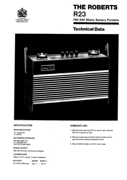 ROBERTS R23 FM AM PORTABLE RADIO TECHNICAL DATA INC SCHEMATIC DIAGRAM 7 PAGES ENG