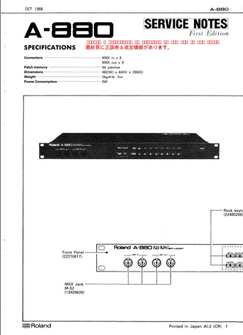 ROLAND A-880 MIDI PATCHER/MIXER SERVICE NOTES INC SCHEM DIAGS 10 PAGES ENG