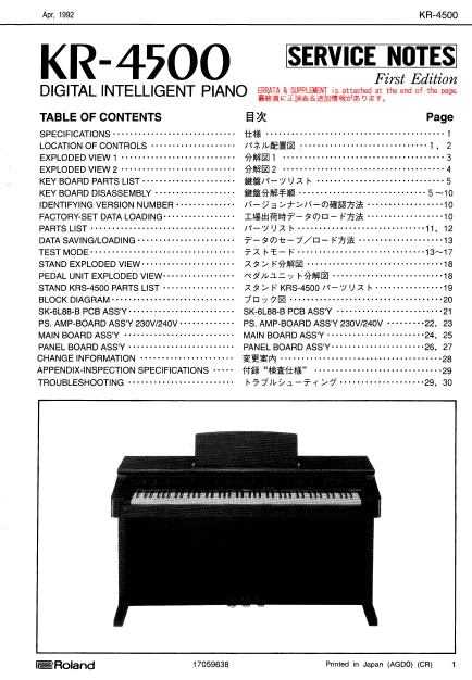 ROLAND KR-4500 DIGITAL INTELLIGENT PIANO SERVICE NOTES INC SCHEM DIAGS 31 PAGES ENG