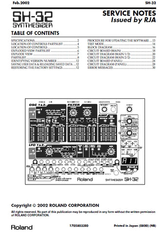 ROLAND SH-32 SYNTHESIZER SERVICE NOTES INC SCHEM DIAGS 26 PAGES ENG