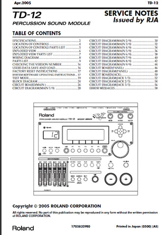 ROLAND TD-12 PERCUSSION SOUND MODULE SERVICE NOTES INC SCHEM DIAGS 44 PAGES ENG