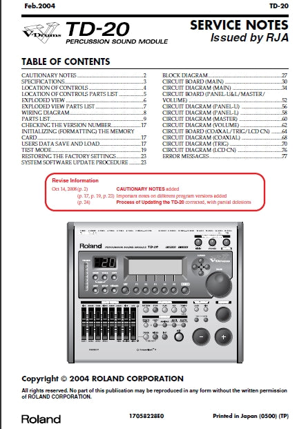 ROLAND TD-20 PERCUSSION SOUND MODULE SERVICE NOTES INC SCHEM DIAGS 76 PAGES ENG