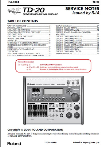 ROLAND TD-20 PERCUSSION SOUND MODULE SERVICE NOTES INC SCHEM DIAGS 76 PAGES ENG