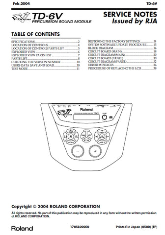 ROLAND TD-6V PERCUSSION SOUND MODULE SERVICE NOTES INC SCHEM DIAGS 30 PAGES ENG