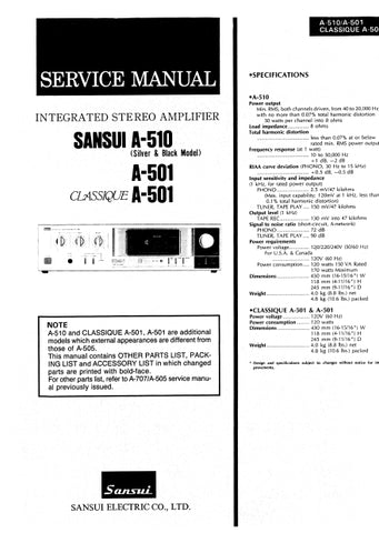 SANSUI A-510 A-501 A-501 CLASSIQUE INTEGRATED STEREO AMPLIFIER SERVICE MANUAL ENGLISH