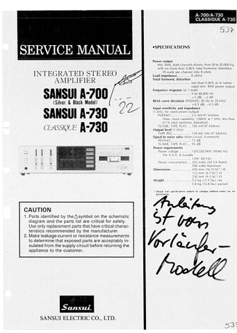 SANSUI A-700 A-730 CLASSIQUE A-730 INTEGRATED STEREO AMPLIFIER SERVICE MANUAL ENGLISH