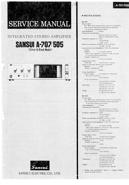 SANSUI A-707 A-505 INTEGRATED STEREO AMPLIFIER SERVICE MANUAL ENGLISH